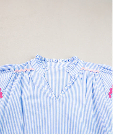 Sky Blue Stripe Ricrac Trim Split Neck Striped Ruffled Sleeve Blouse
