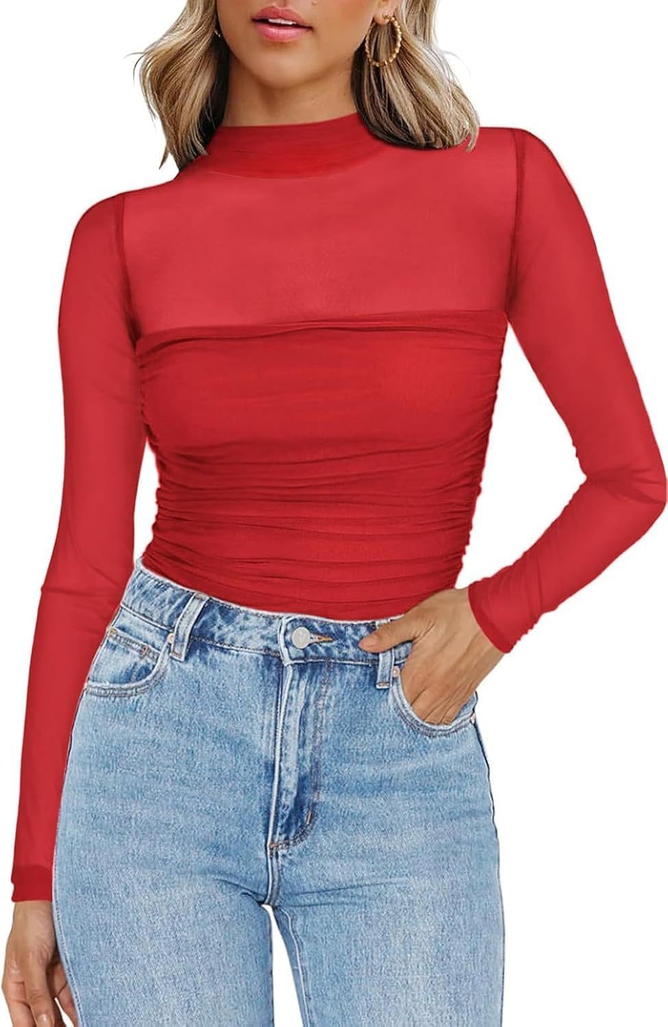 Round Neck Mesh Stitching Sheer Long Sleeve