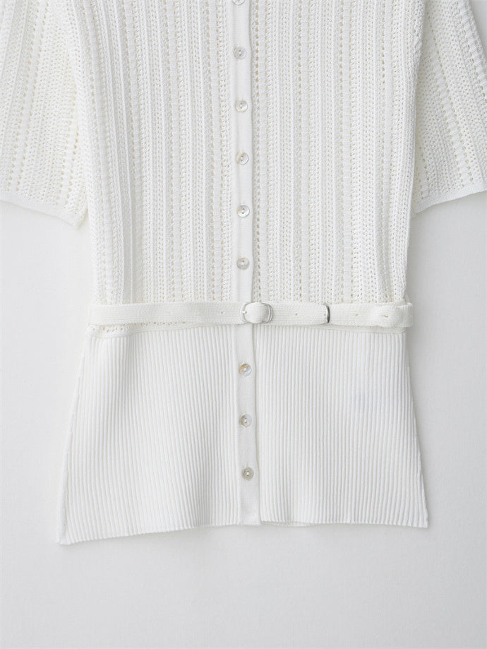 Women's Simple Belt Jacquard Mesh Knitted Coat