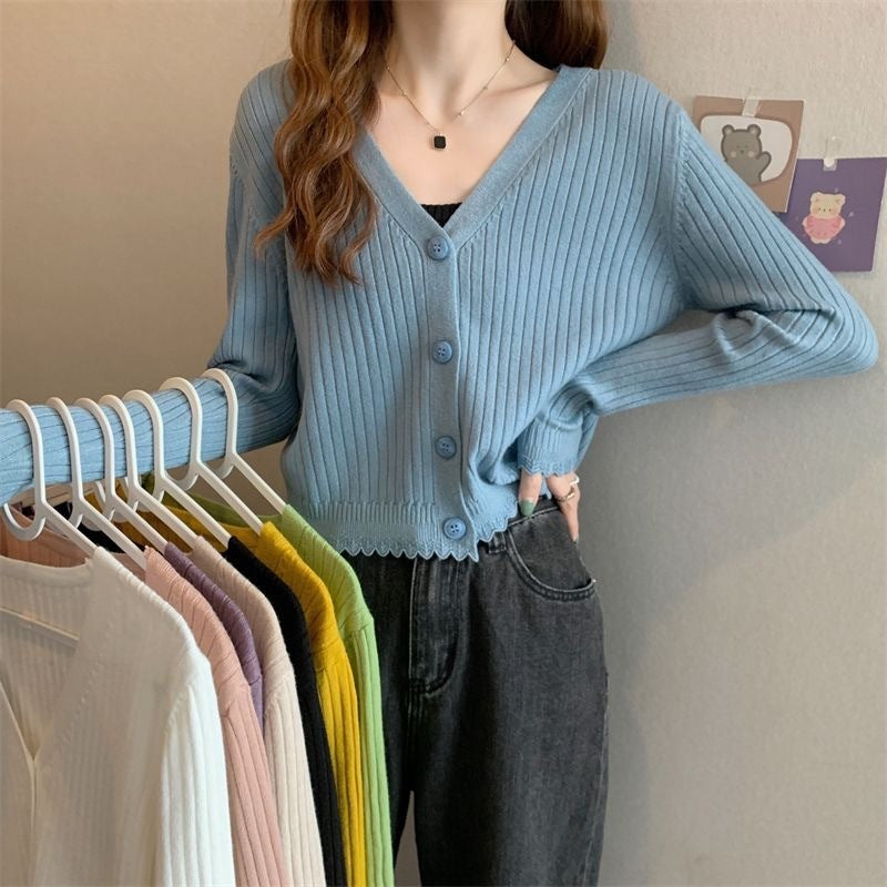 Fall V-neck Sunken Stripe Knitted Cardigan For Women