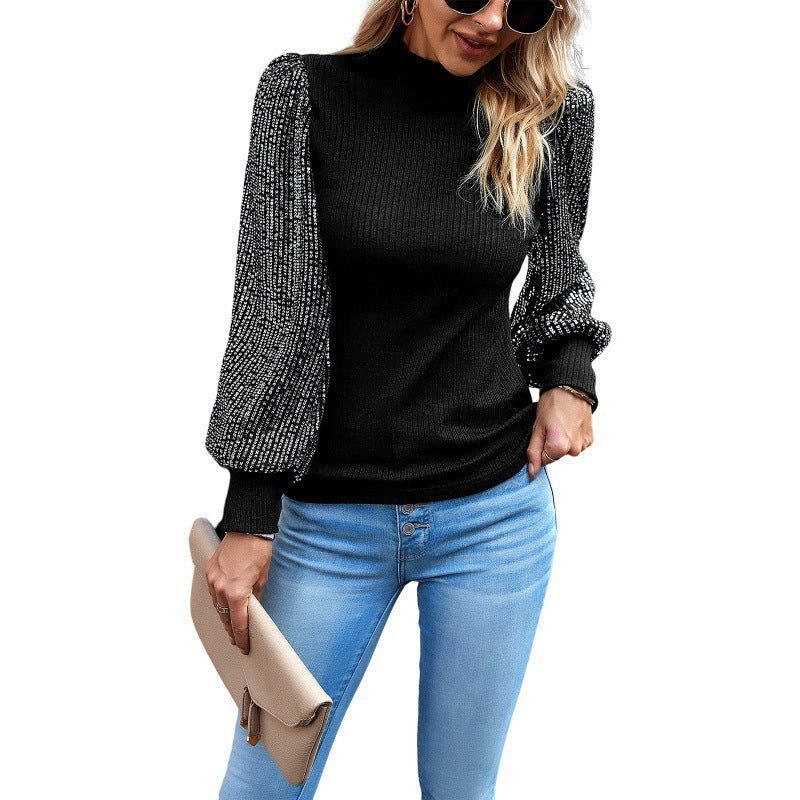 Half-high Collar Long Sleeves Sequin Stitching Knitted Top