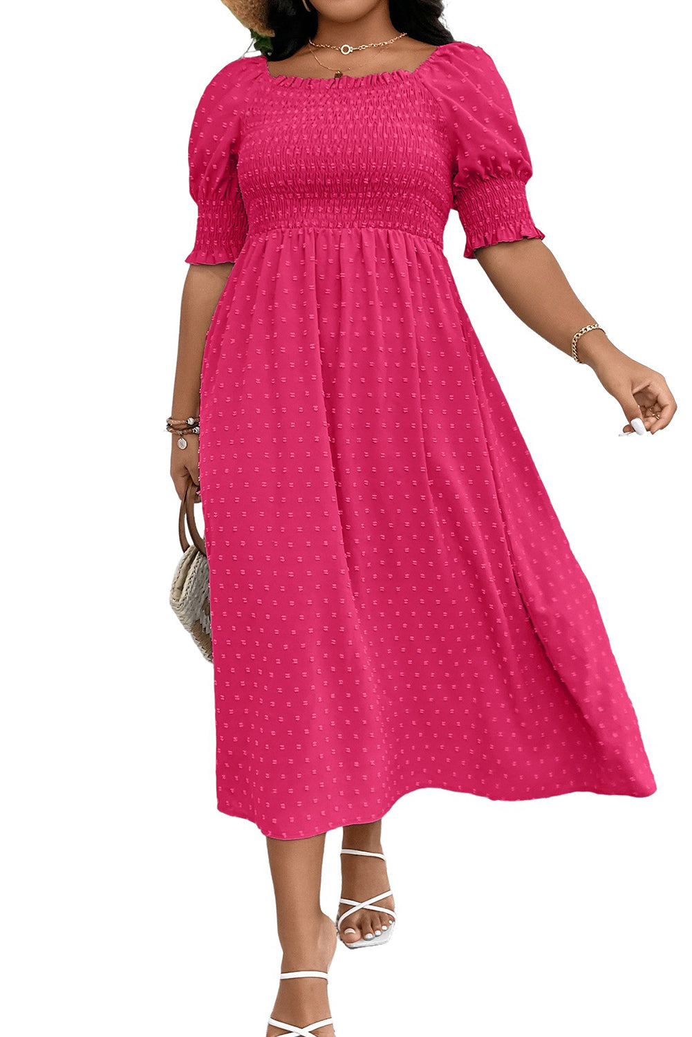 Sachet Pink Swiss Dot Smocked Frilled Neckline Short Sleeve Plus Size Dress