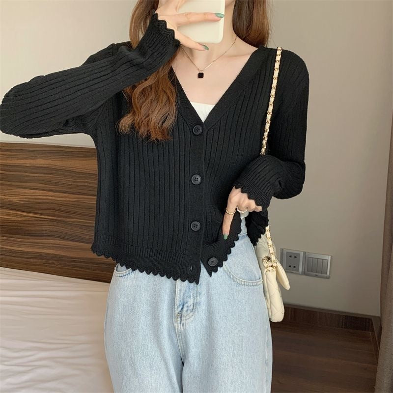 Fall V-neck Sunken Stripe Knitted Cardigan For Women