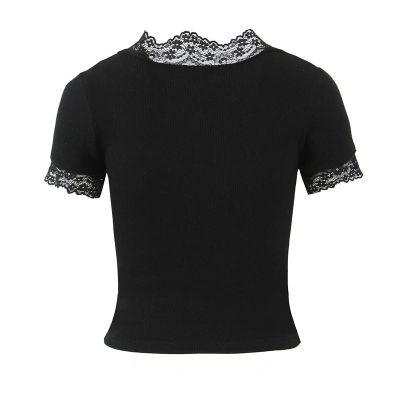 Lace V-neck Slim Knit Small Top