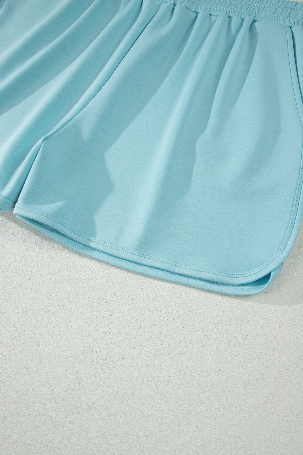 Mist Blue Solid Color Mock Neck Half Sleeve Top Plus Size 2pcs Short Set