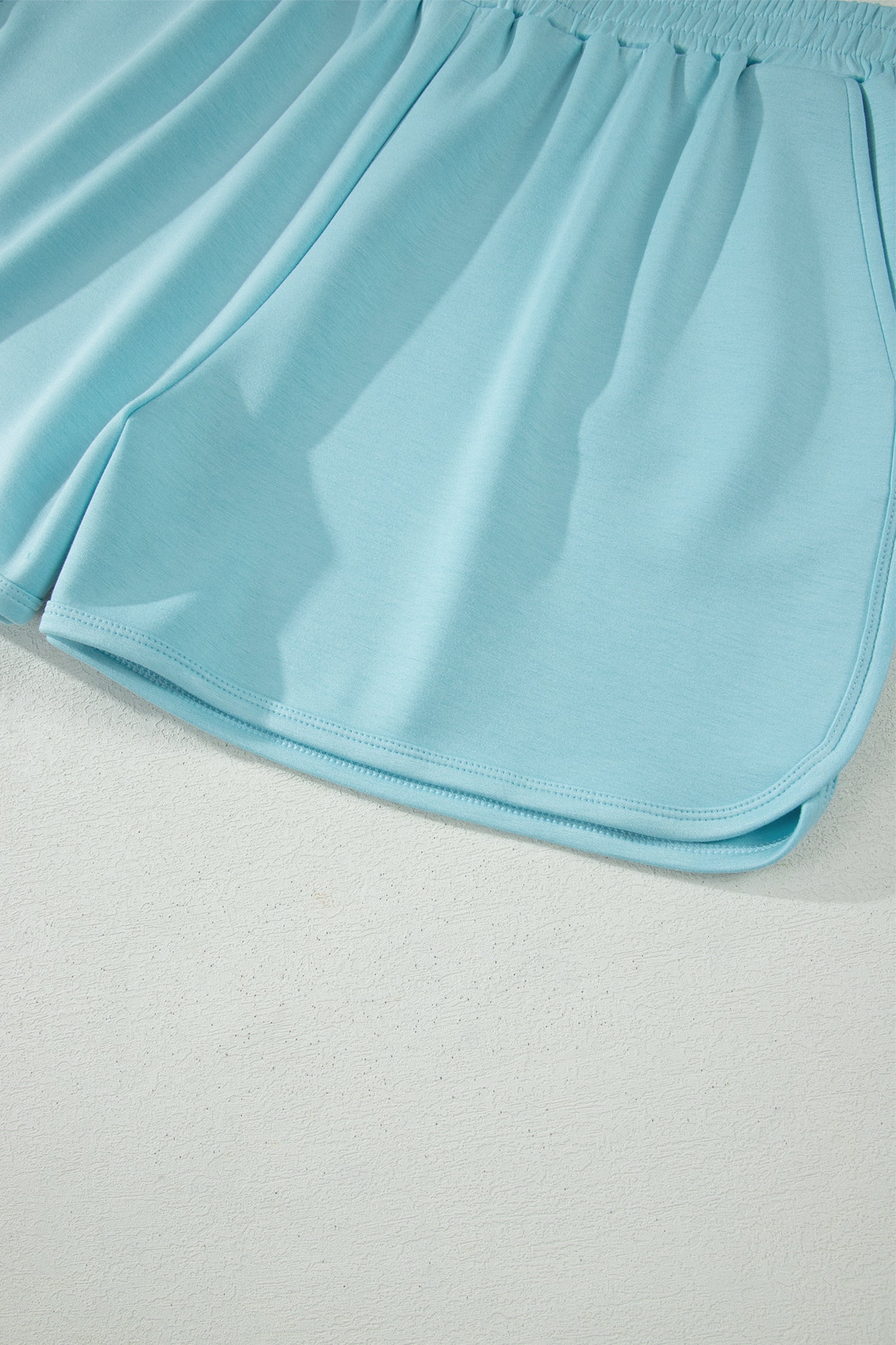 Mist Blue Solid Color Mock Neck Half Sleeve Top Plus Size 2pcs Short Set