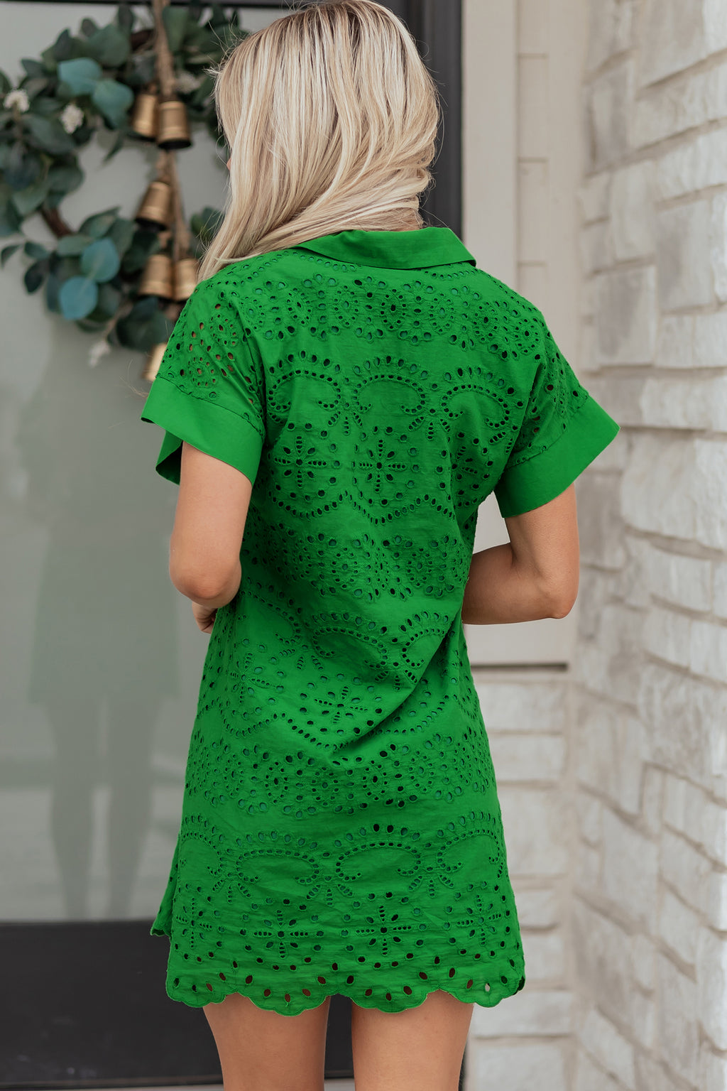 Rose Red Solid Color Eyelet Embroidered T Shirt Mini Dress