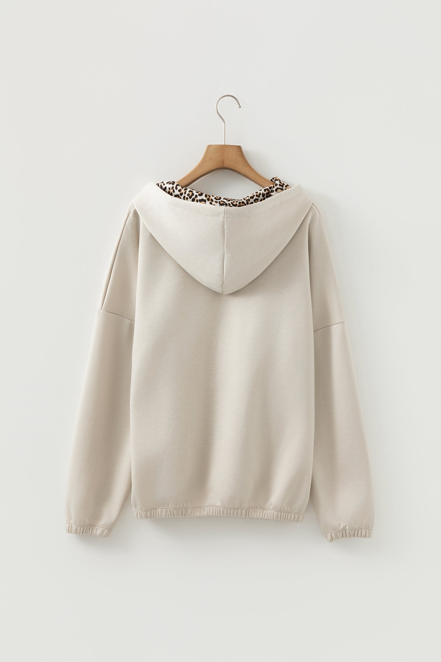 Jet Stream Leopard Contrast Drawstring Hood Drop Shoulder Loose Top