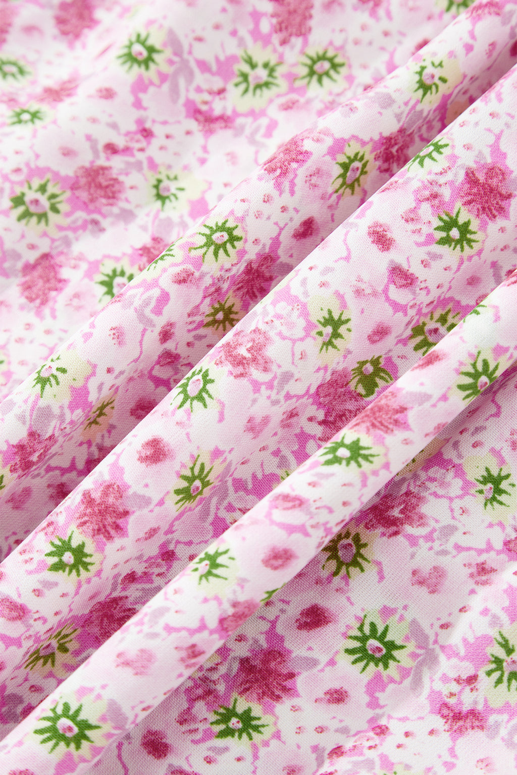 Pink Floral Short Bubble Sleeve Shirred High Waist Maxi Dress