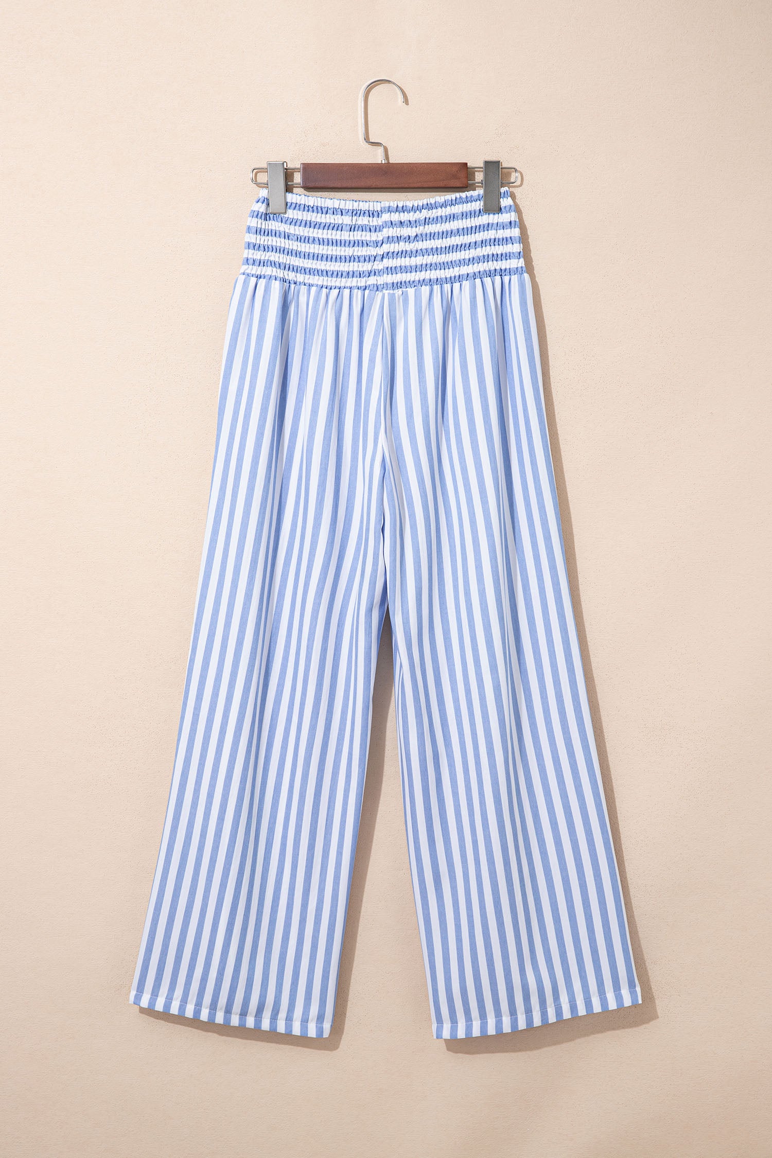 Sky Blue Stripe Shirred High Waist Loose Summer Pants