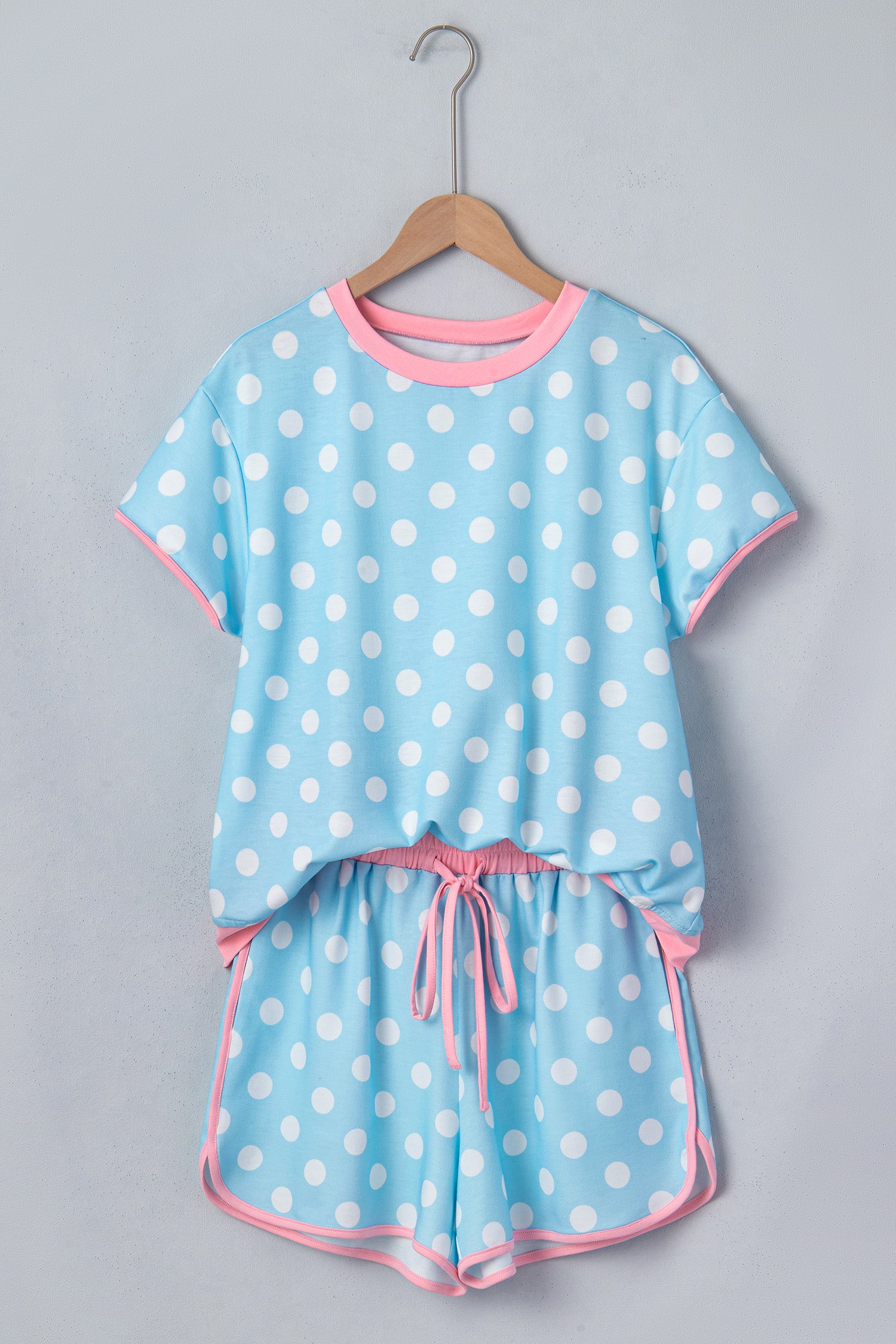 Sky Blue Polka Dot Contrast Edge Casual Short Set