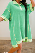 Mint Green Oversize Twist Ribbed Polo T Shirt Dress