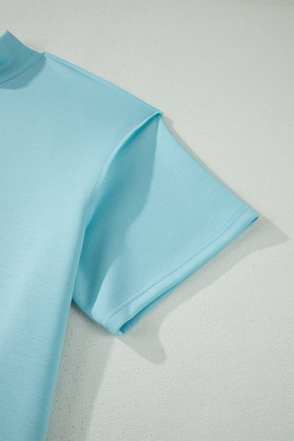 Mist Blue Solid Color Mock Neck Half Sleeve Top Plus Size 2pcs Short Set