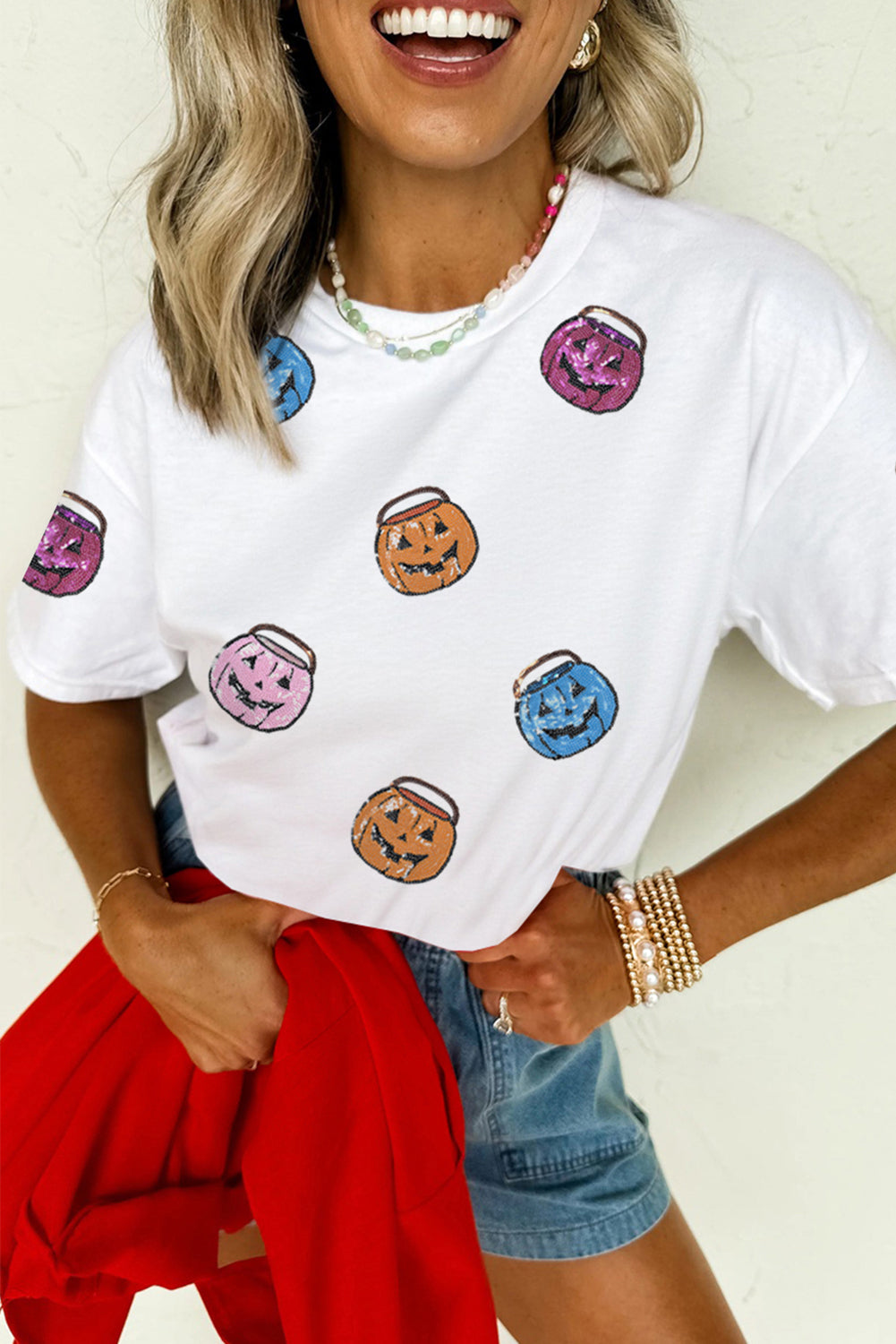 White Sequin Pumpkin Face Patched Crew Neck Holiday T Shirt