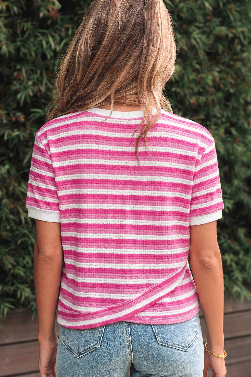 Sachet Pink Textured Knit Short Sleeve Crossed Detail Tee