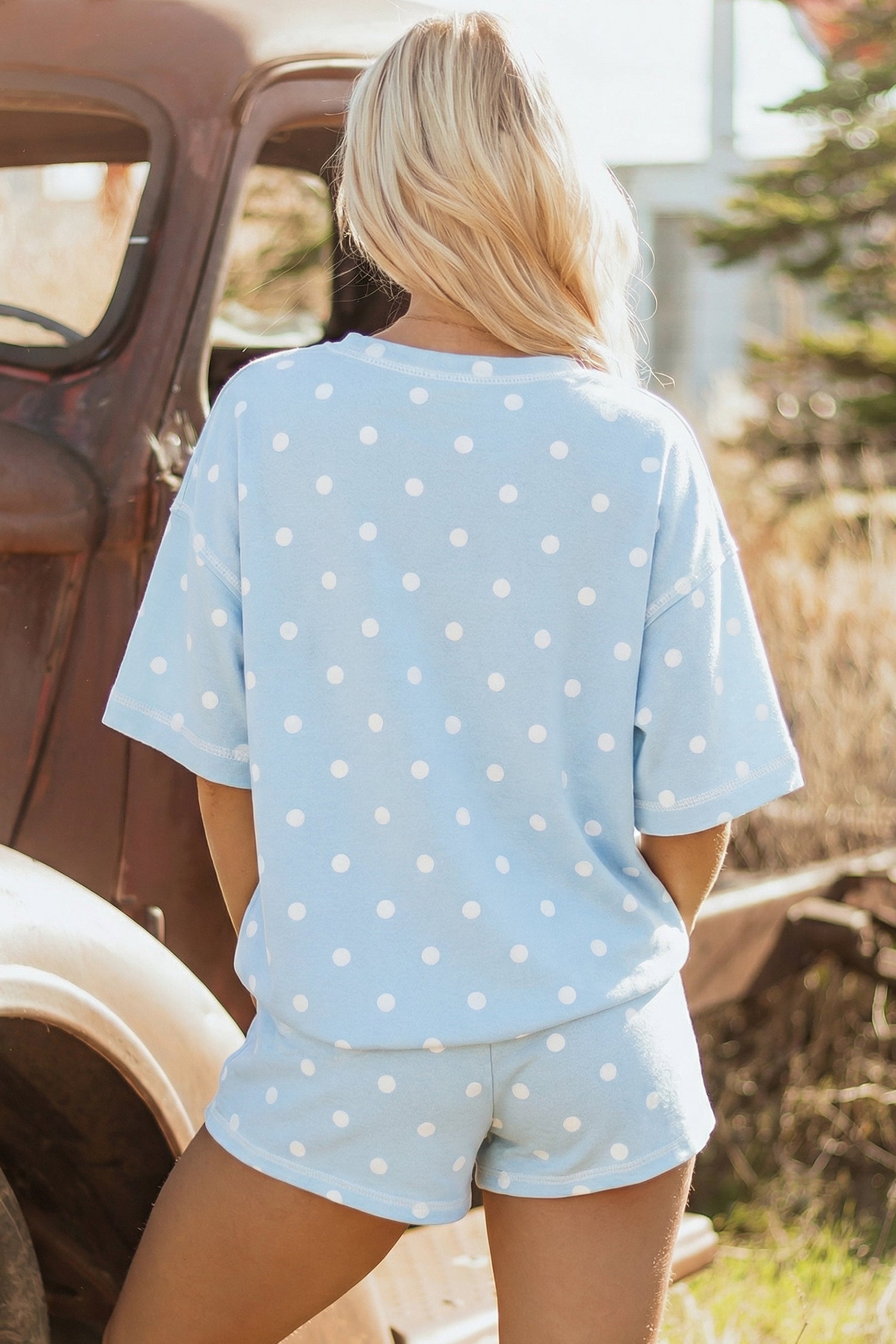 Sky Blue Exposed Seam Detail Polka Dot Loose Tee Drawstring Shorts Set