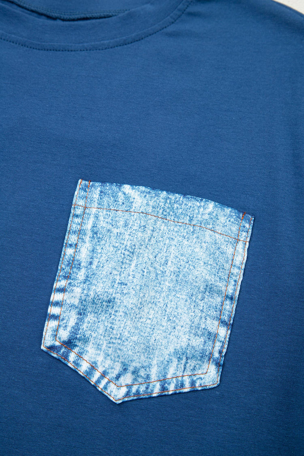 Sail Blue Color Block Chest Pocket Patched Casual Short Sleeve Top