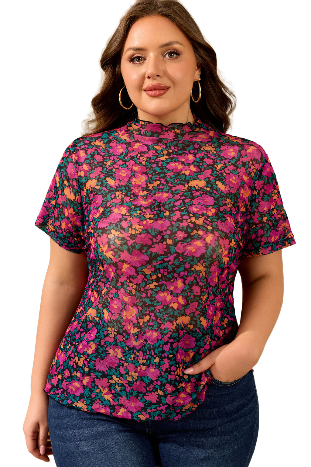 Rose Plus Size Floral Mesh Short Sleeve Top