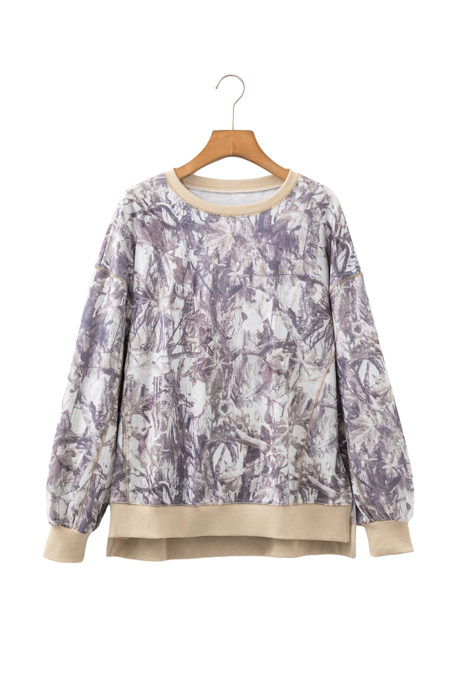 Khaki Abstract Camo Print Colorblock Trim Side Split Tunic Sweatshirt