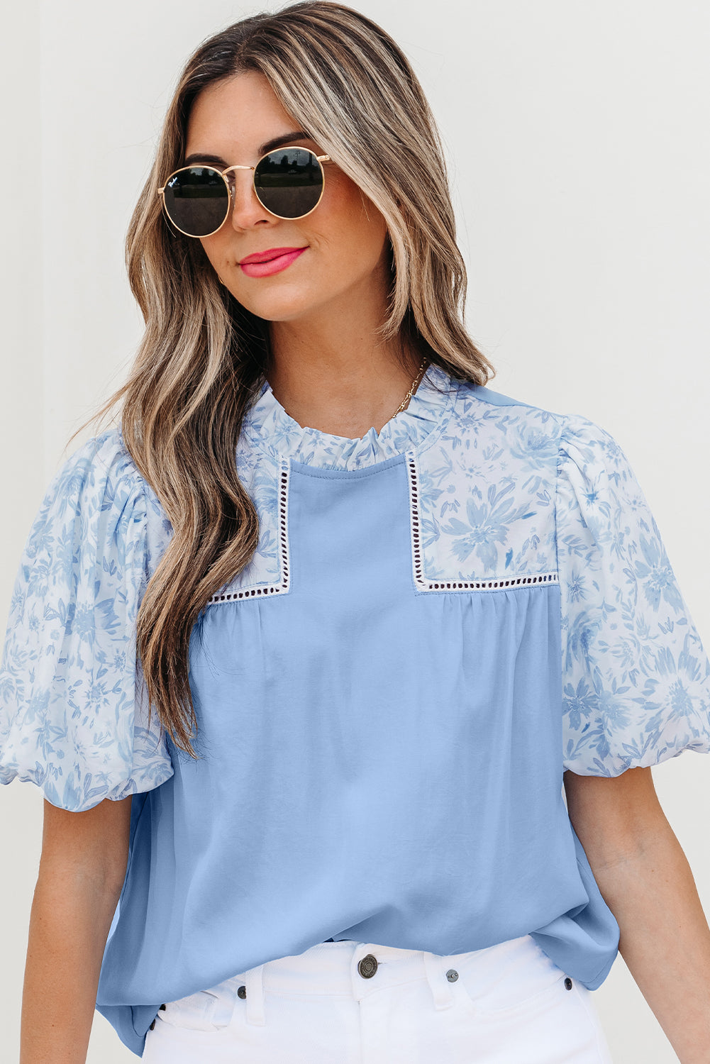 Beau Blue Lace Insert Floral Puff Sleeve Patchwork Loose Blouse