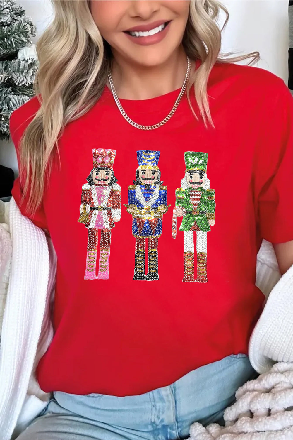 Red Sequined Christmas Nutcracker-man Graphic Cuffed Short Sleeve T Shirt