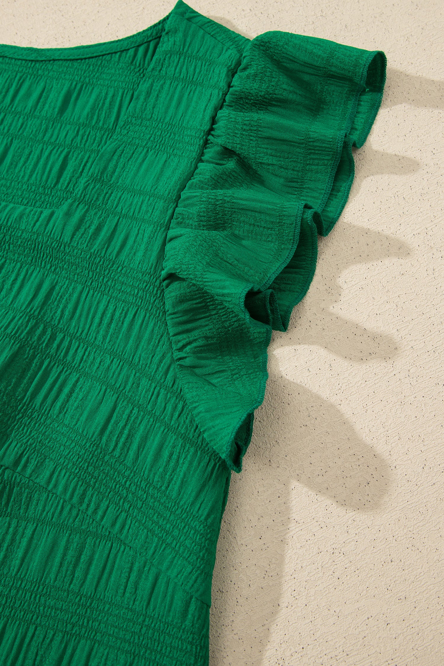 Dark Green Textured Square Neck Top and Shirred High Waist Shorts Set