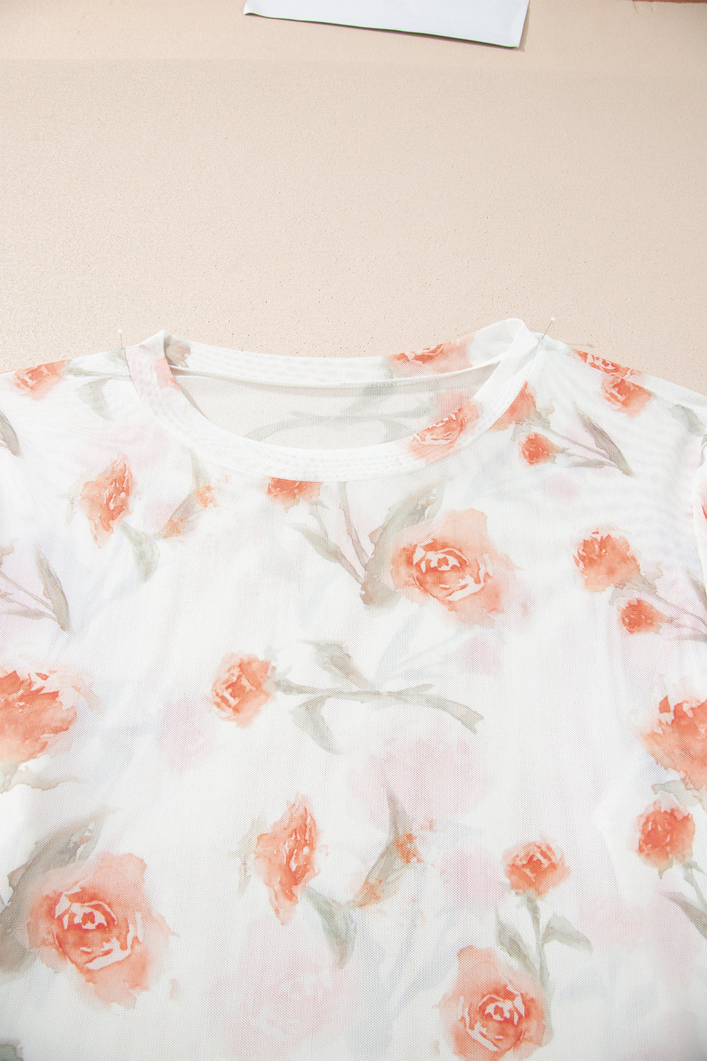Red Plus Size Floral Print Sheer Mesh Long Sleeve Top