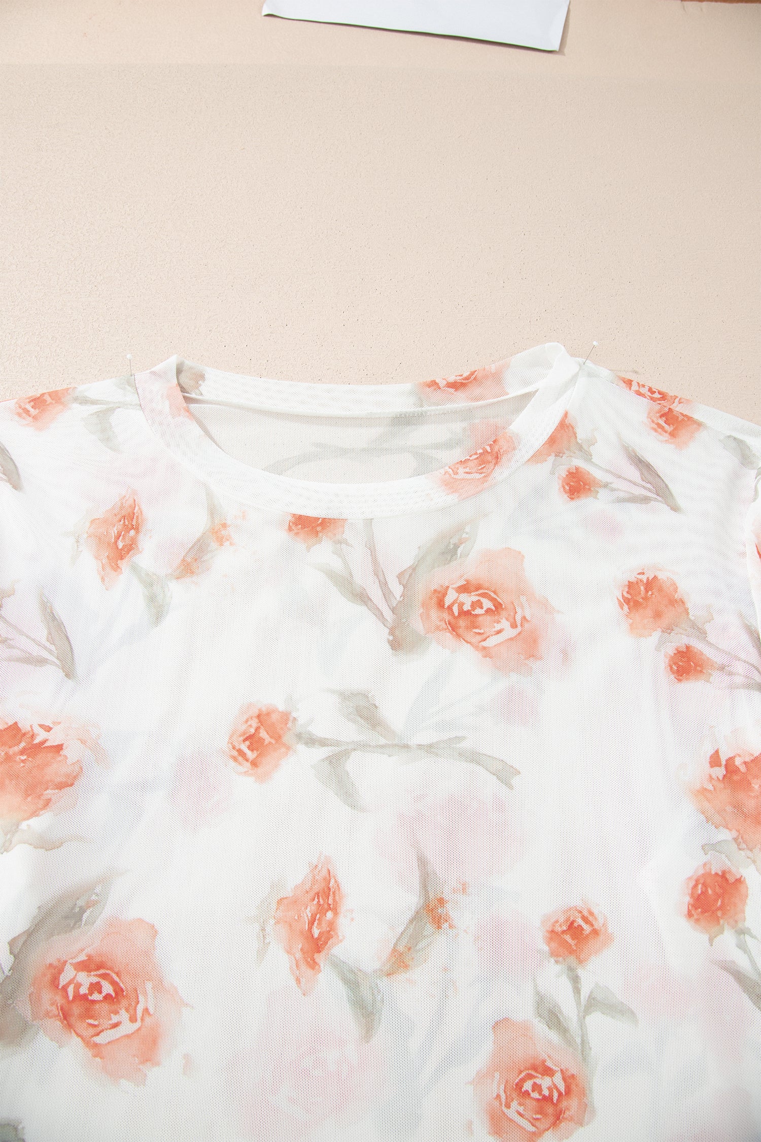 Red Plus Size Floral Print Sheer Mesh Long Sleeve Top