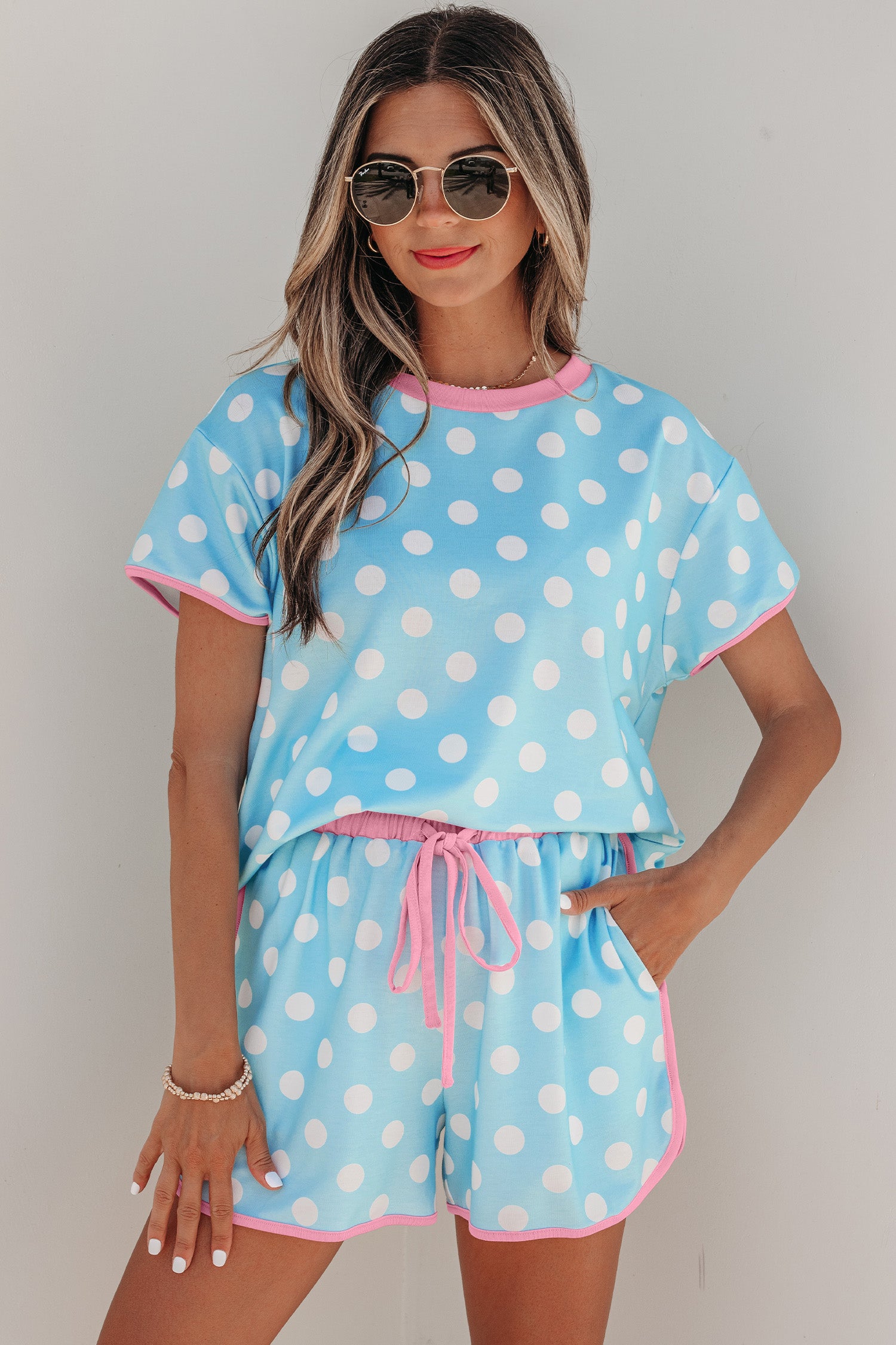 Sky Blue Polka Dot Contrast Edge Casual Short Set