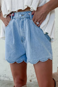 Myosotis Solid Color Scalloped Trim Casual Denim Shorts