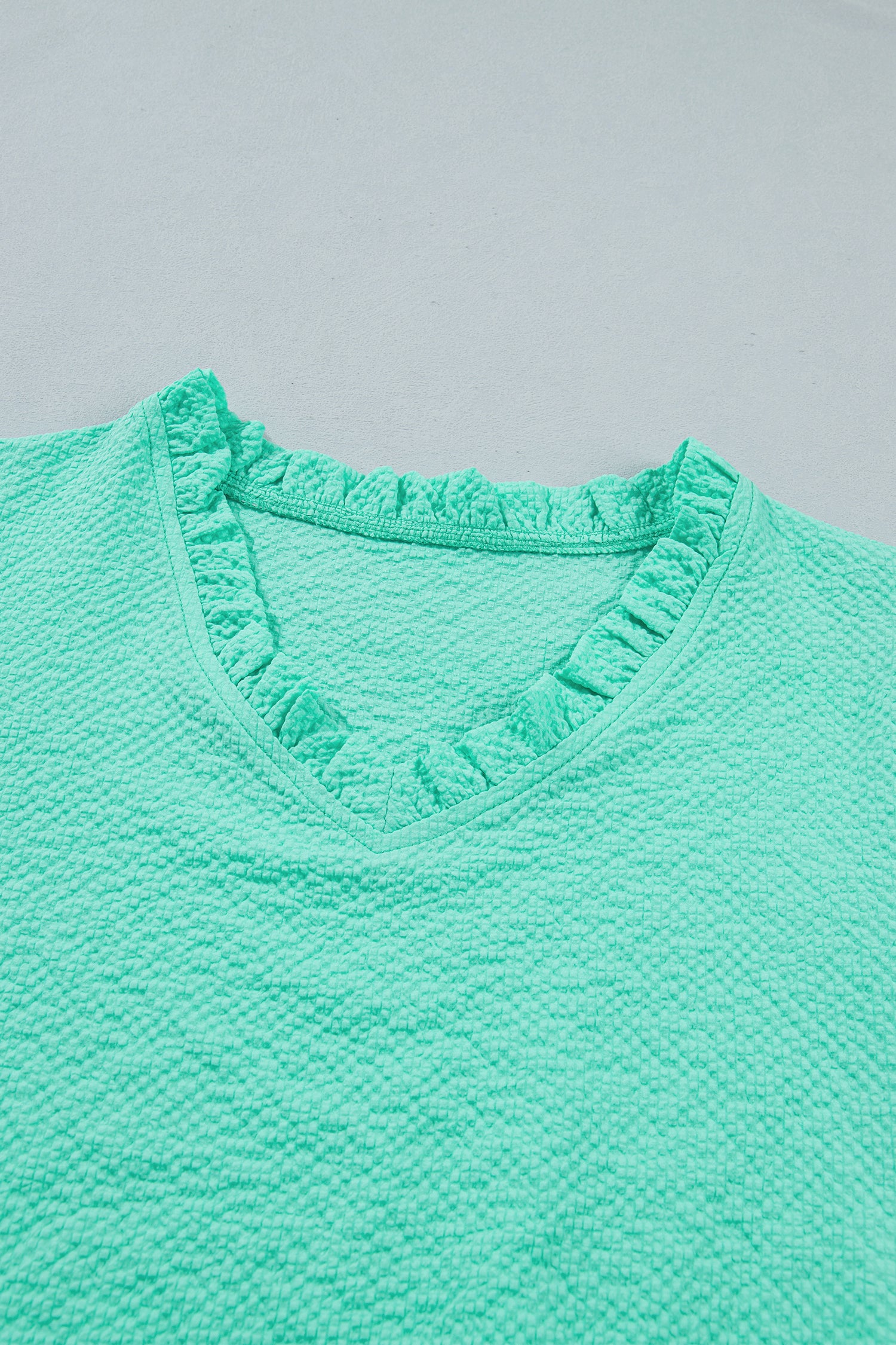 Mint Green Frilled V Neck Flower Embroidered Puff Sleeve Textured Blouse