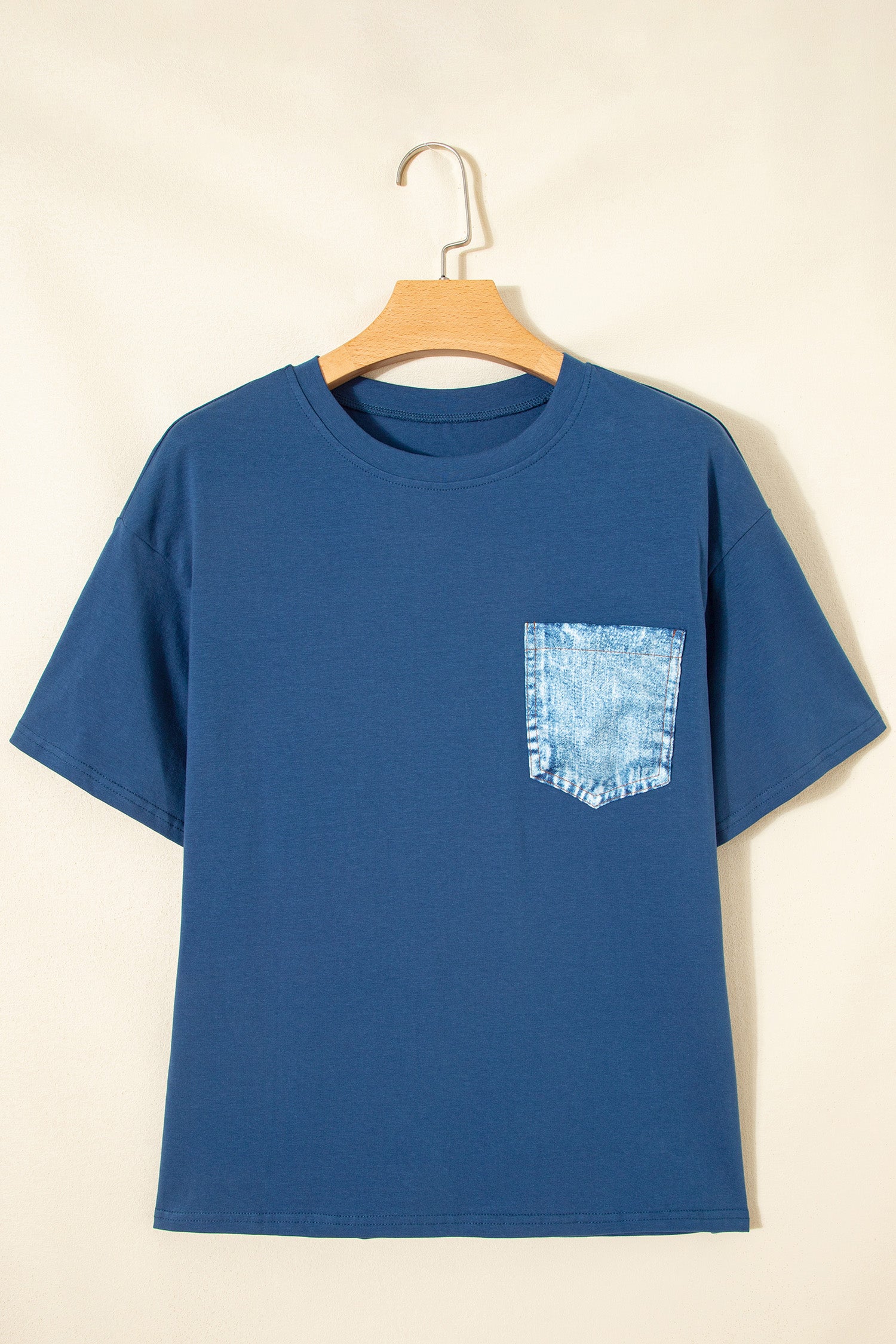 Sail Blue Color Block Chest Pocket Patched Casual Short Sleeve Top