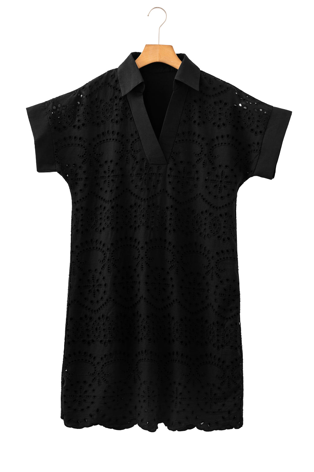 Rose Red Solid Color Eyelet Embroidered T Shirt Mini Dress