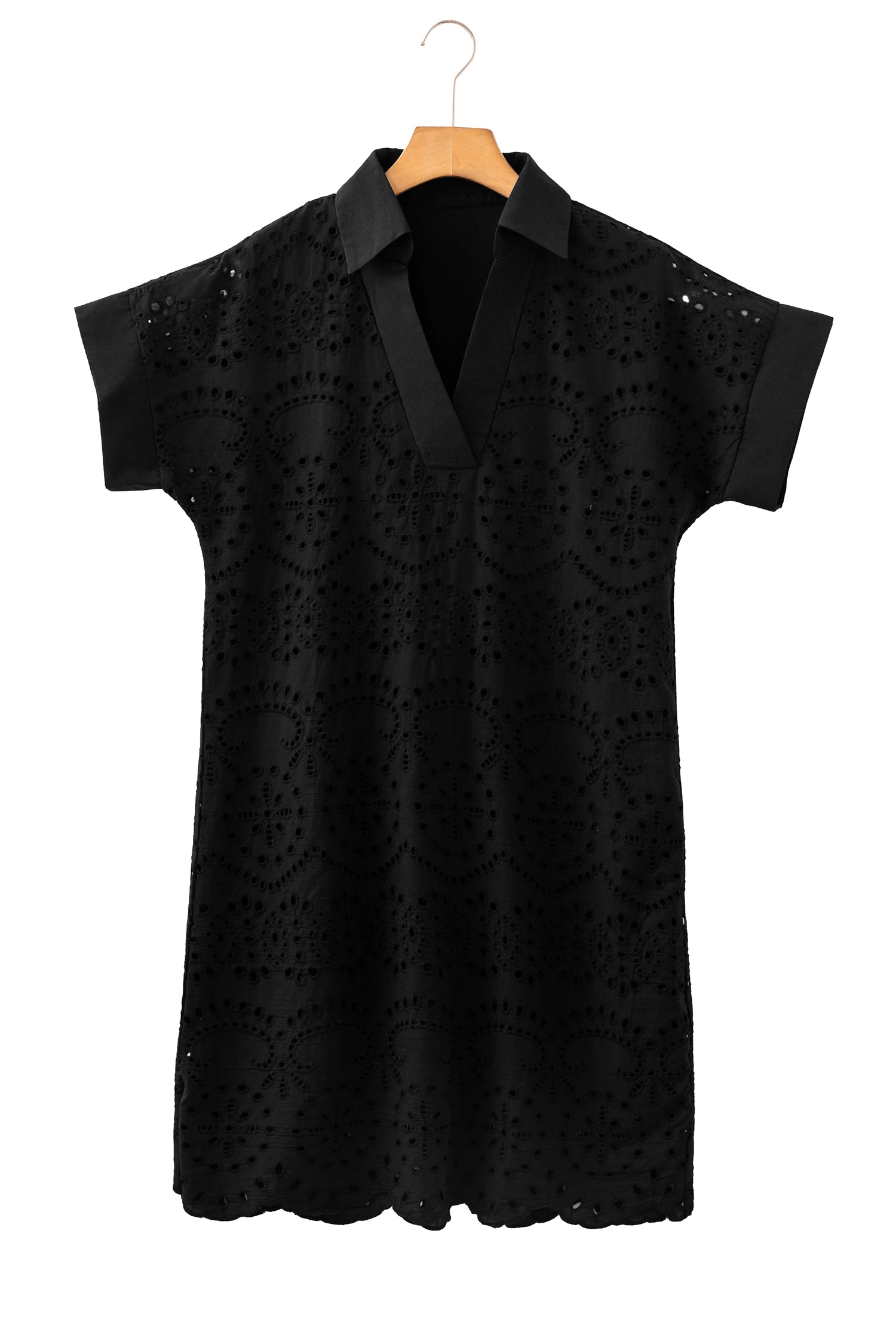 Rose Red Solid Color Eyelet Embroidered T Shirt Mini Dress