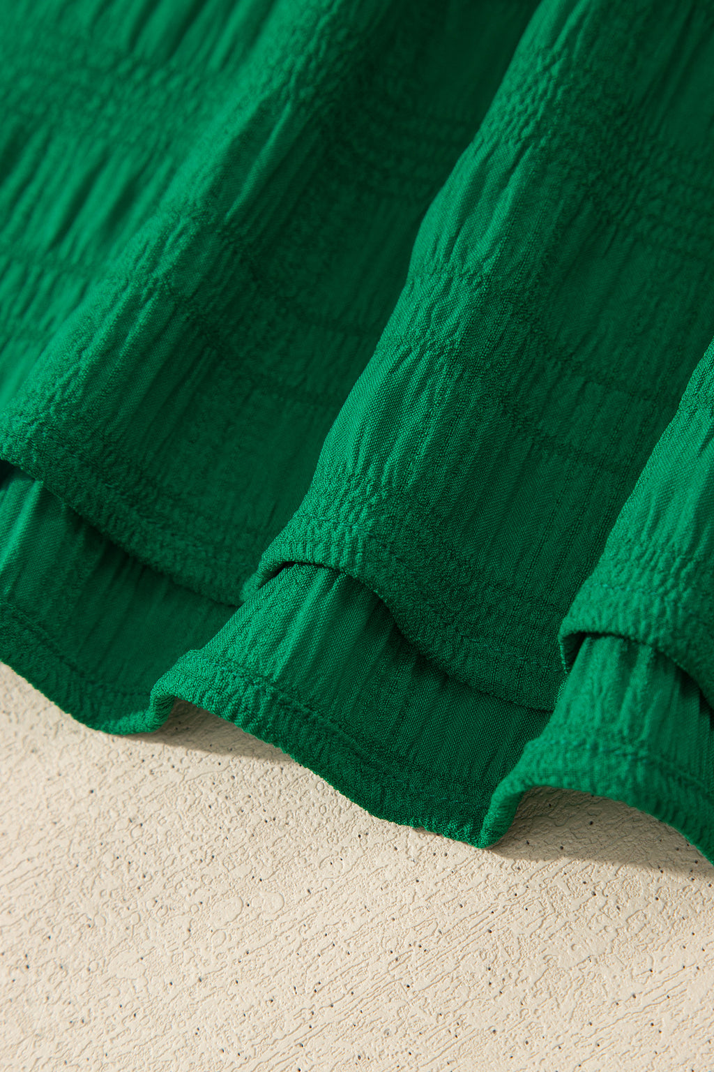 Dark Green Textured Square Neck Top and Shirred High Waist Shorts Set