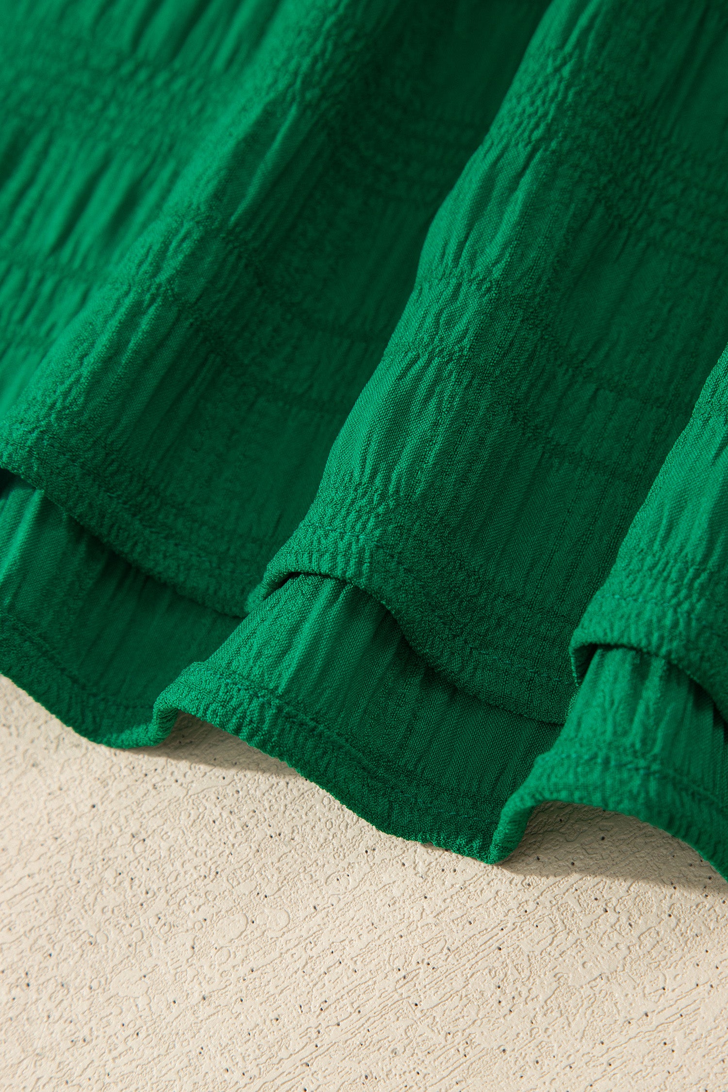 Dark Green Textured Square Neck Top and Shirred High Waist Shorts Set