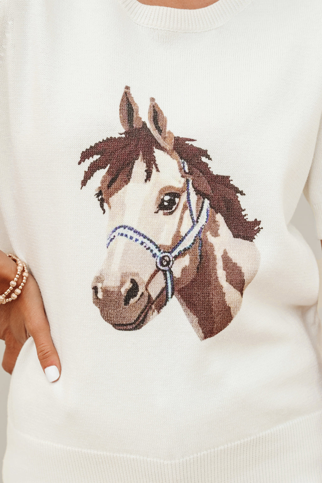 White Wild West Horse Head Printed Short Sleeve Sweater