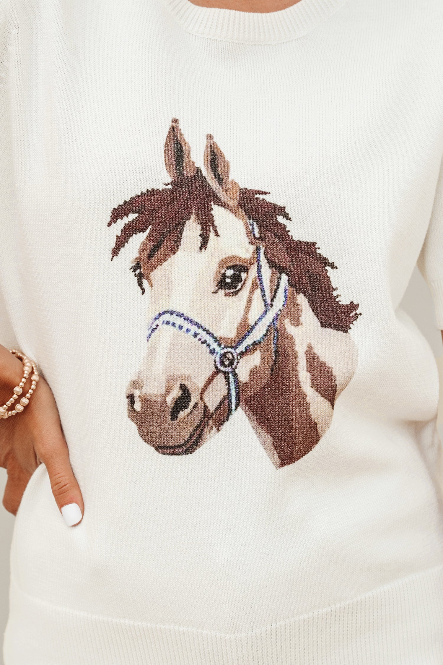 White Wild West Horse Head Printed Short Sleeve Sweater
