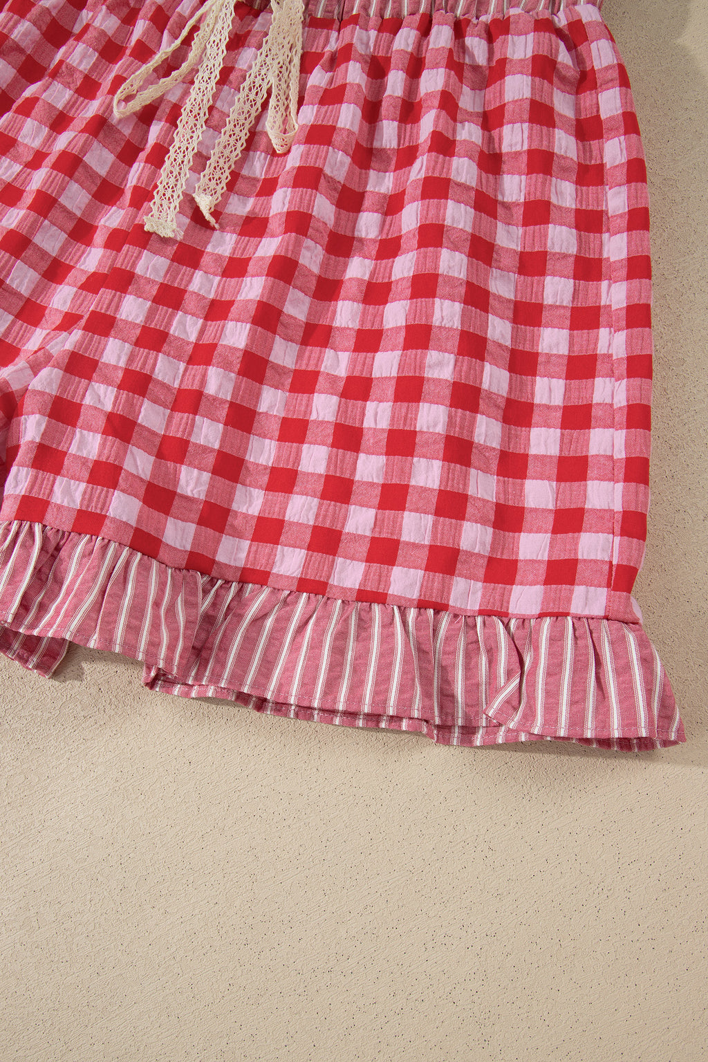 Red Gingham Print Ruffle Striped Detail Lace Tie Shorts