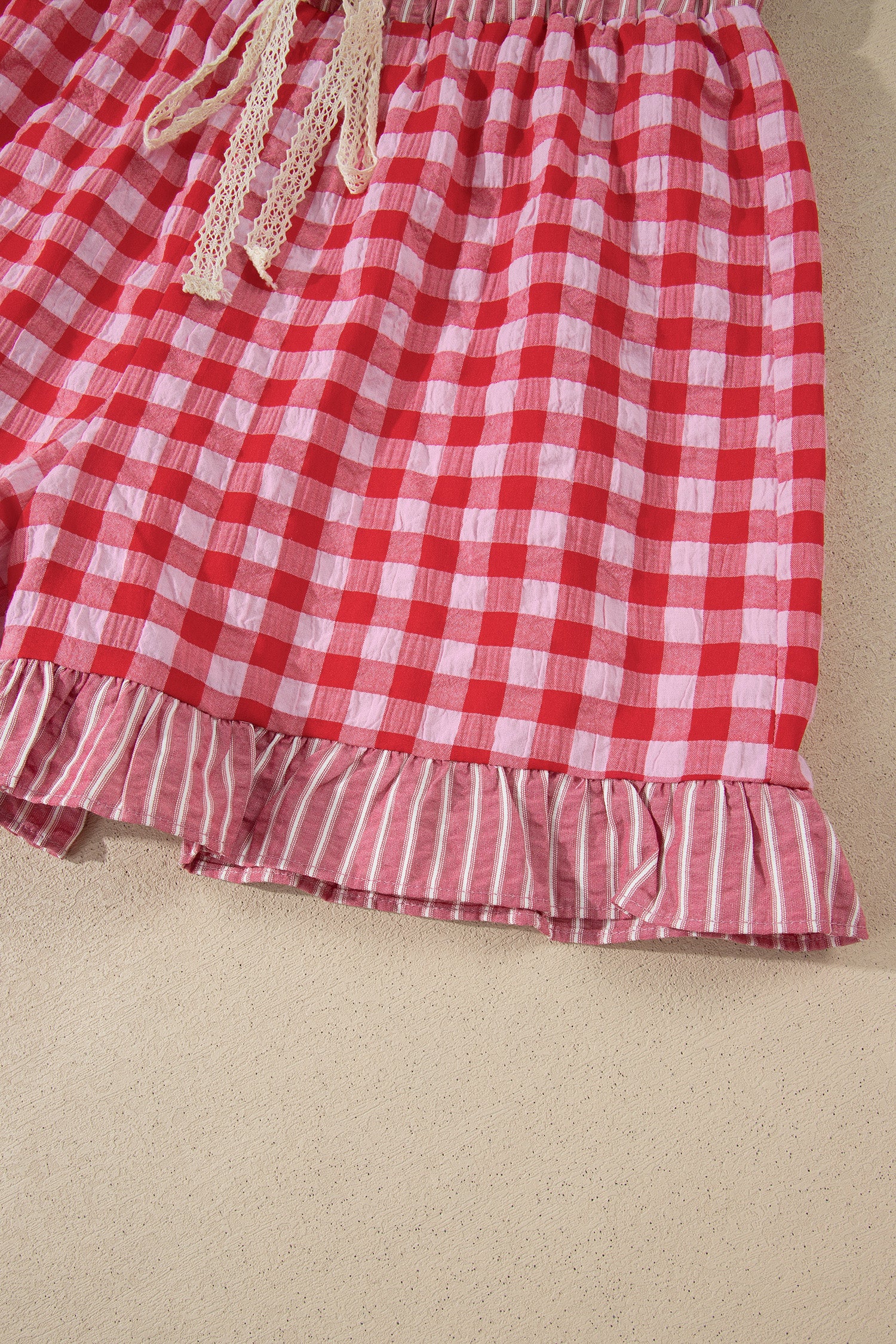 Red Gingham Print Ruffle Striped Detail Lace Tie Shorts
