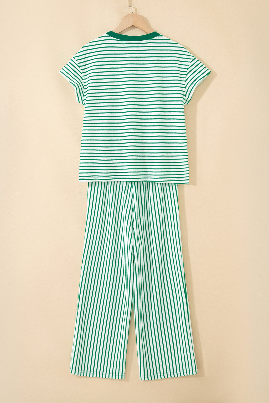 Green Stripe Crew Neck Tee Drawstring Waist Cropped Pants Set