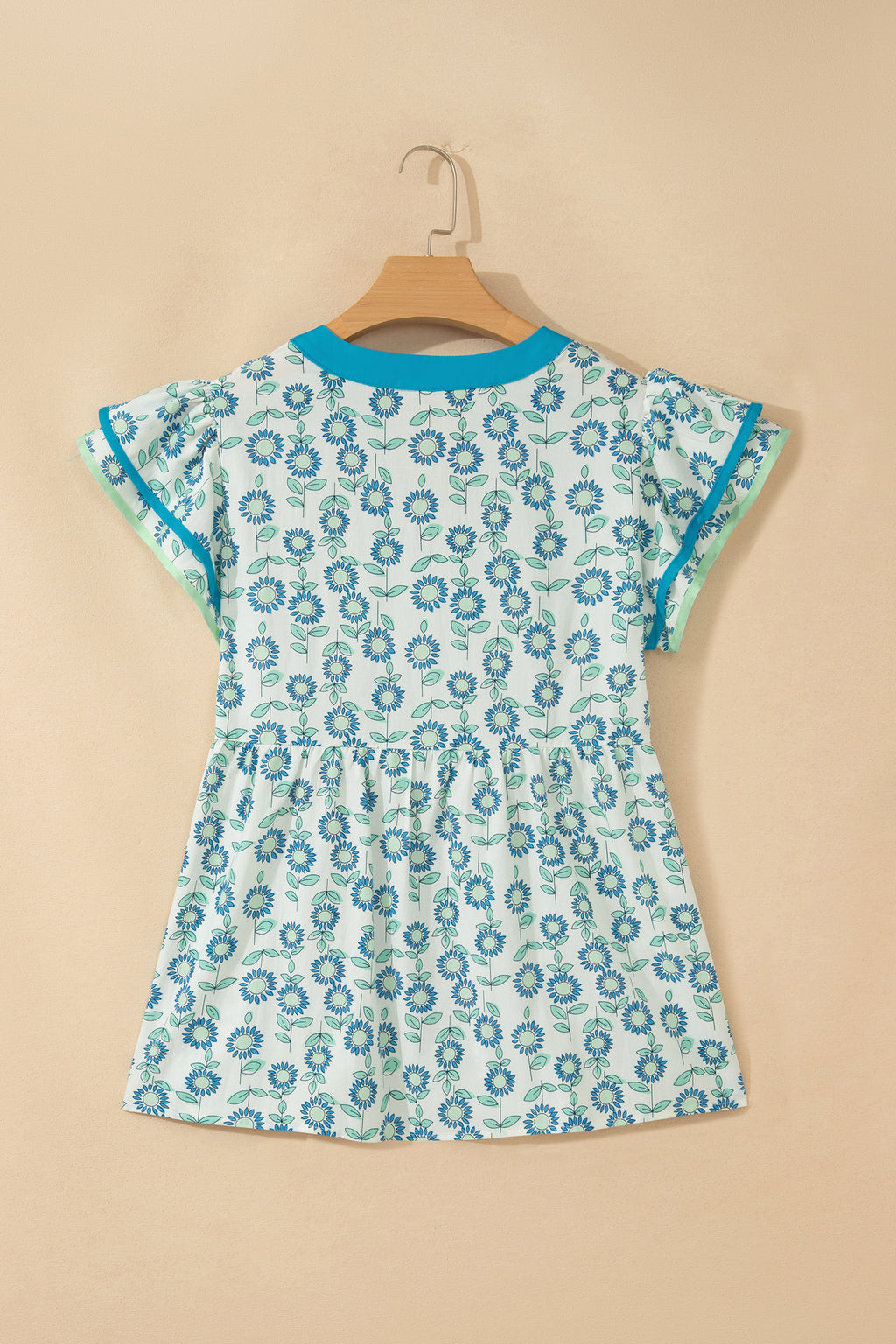 Green Sunflower Printed Contrast Trim V Neck Flutter Sleeve Blouse