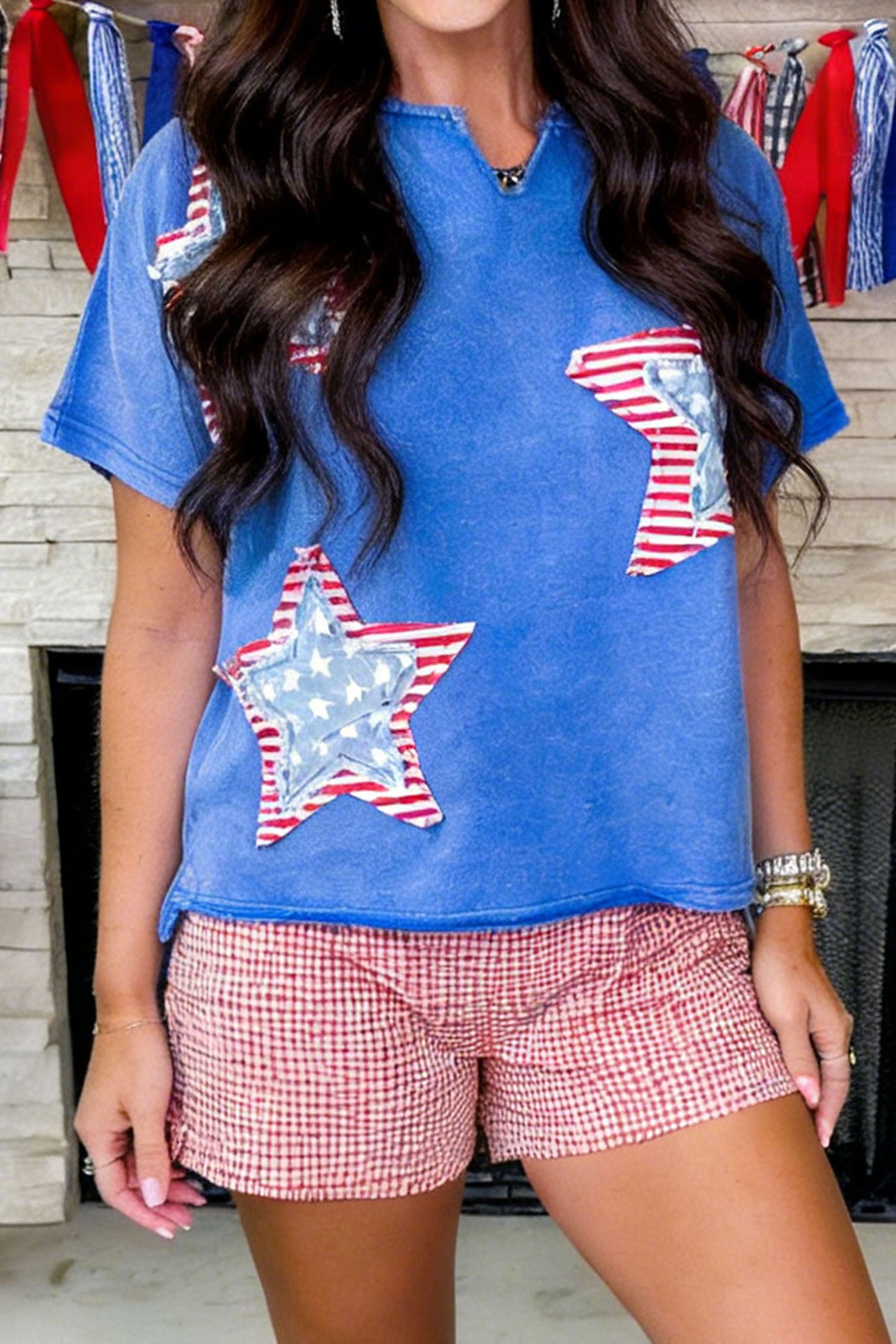 Sky Blue Patriot Star Patched Notched Neck Mineral Washed Tee