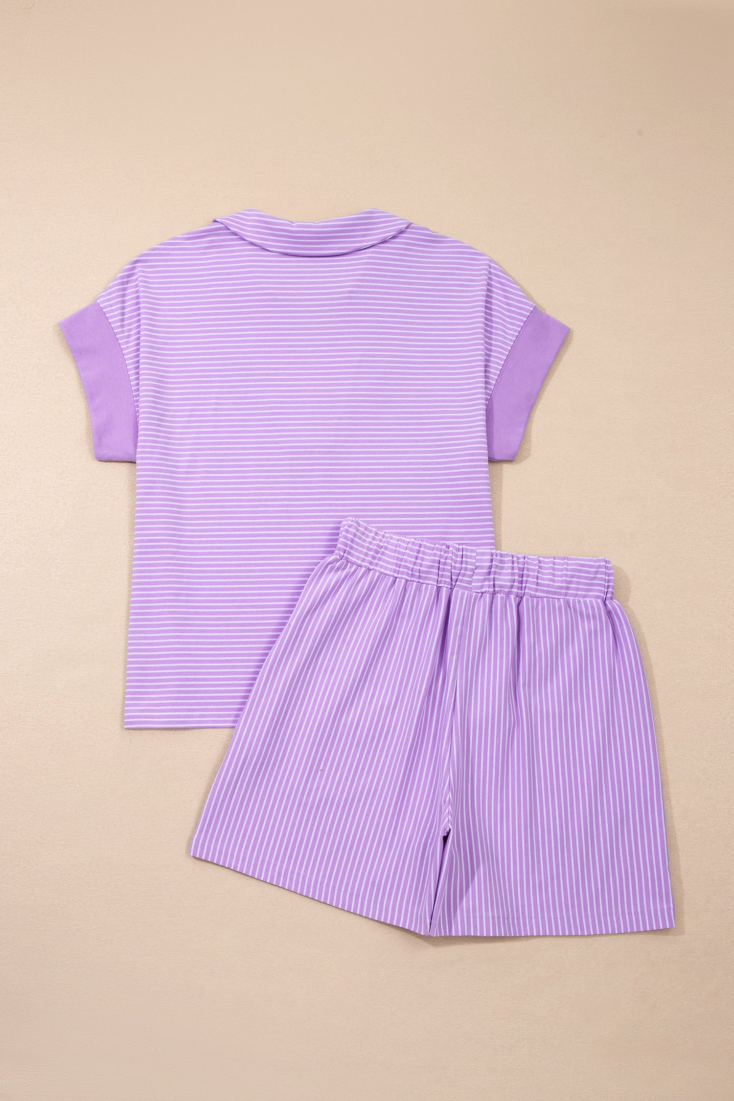 Purple Stripe Dolman Sleeve Polo Shirt and Drawstring Shorts Set