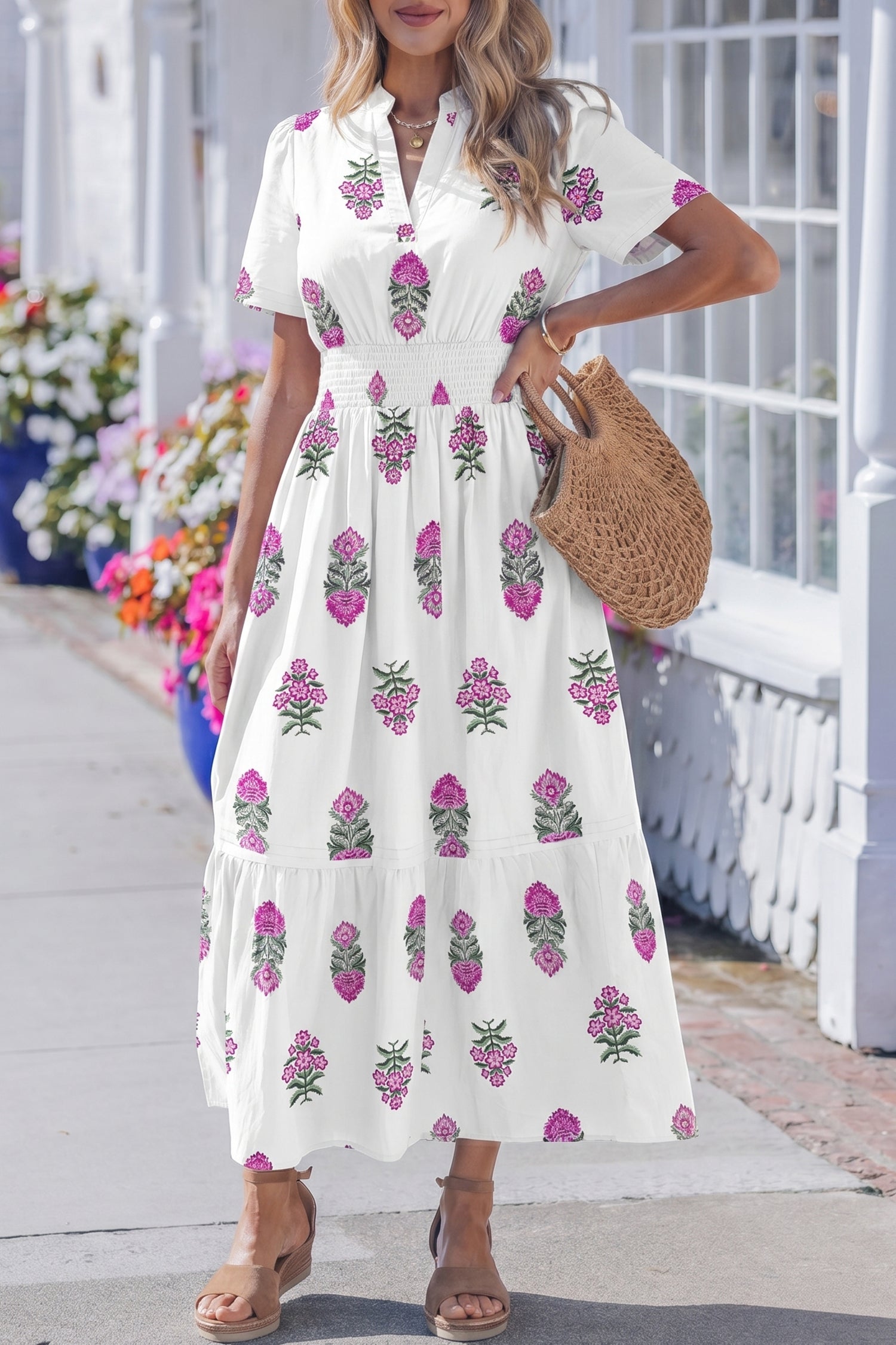 White Floral Print Split Neck Shirred High Waist Ruffle Hem Maxi Dress