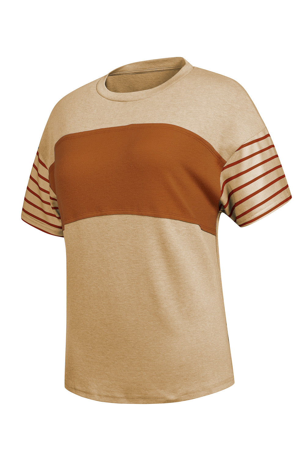Tan Color Block Striped Detail Loose T Shirt
