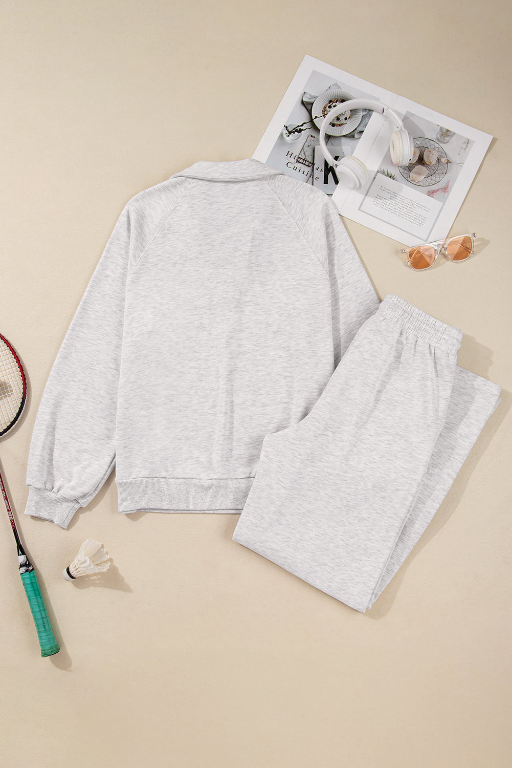 Light Grey Polo Collar V Neck Pullover and Drawstring Sweatpants Set