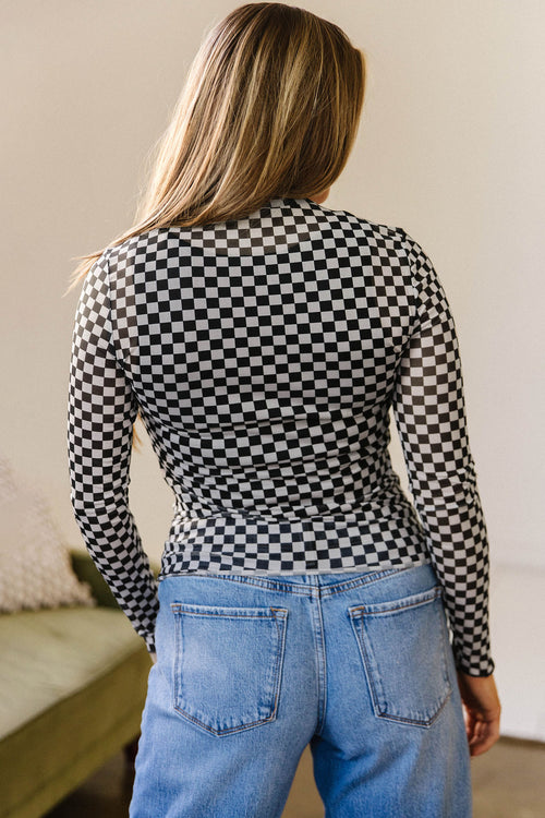 Black Plaid Stand Neck Long Sleeve Mesh Top