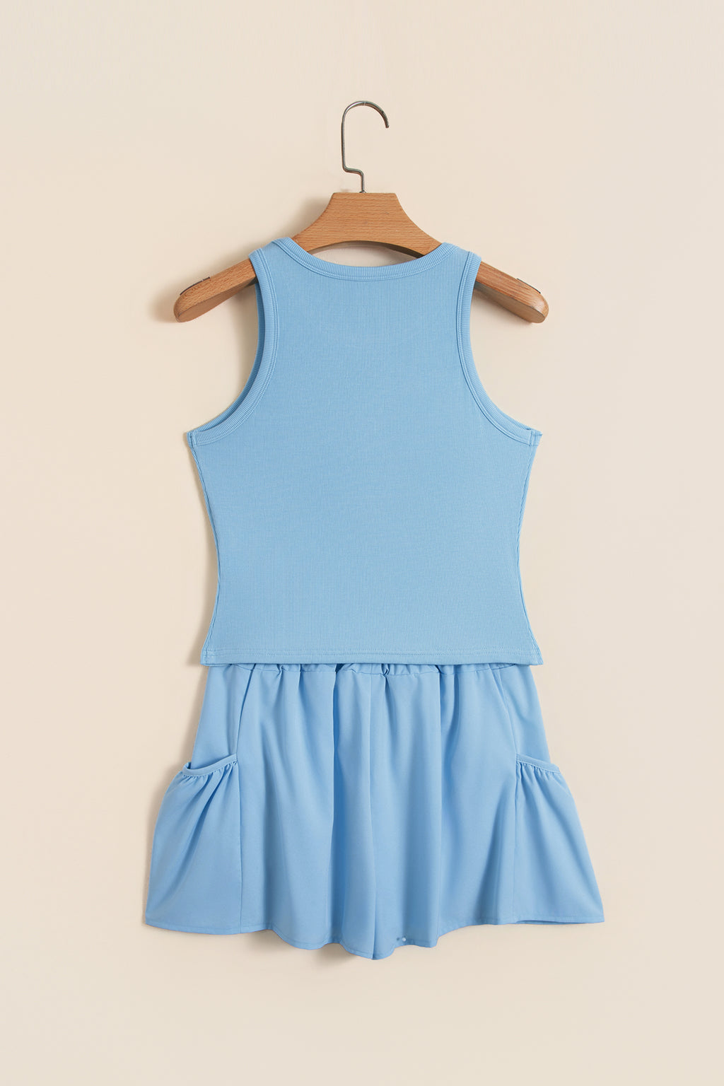 Mist Blue Ribbed Slim Tank Pocketed Wide Leg Shorts Set
