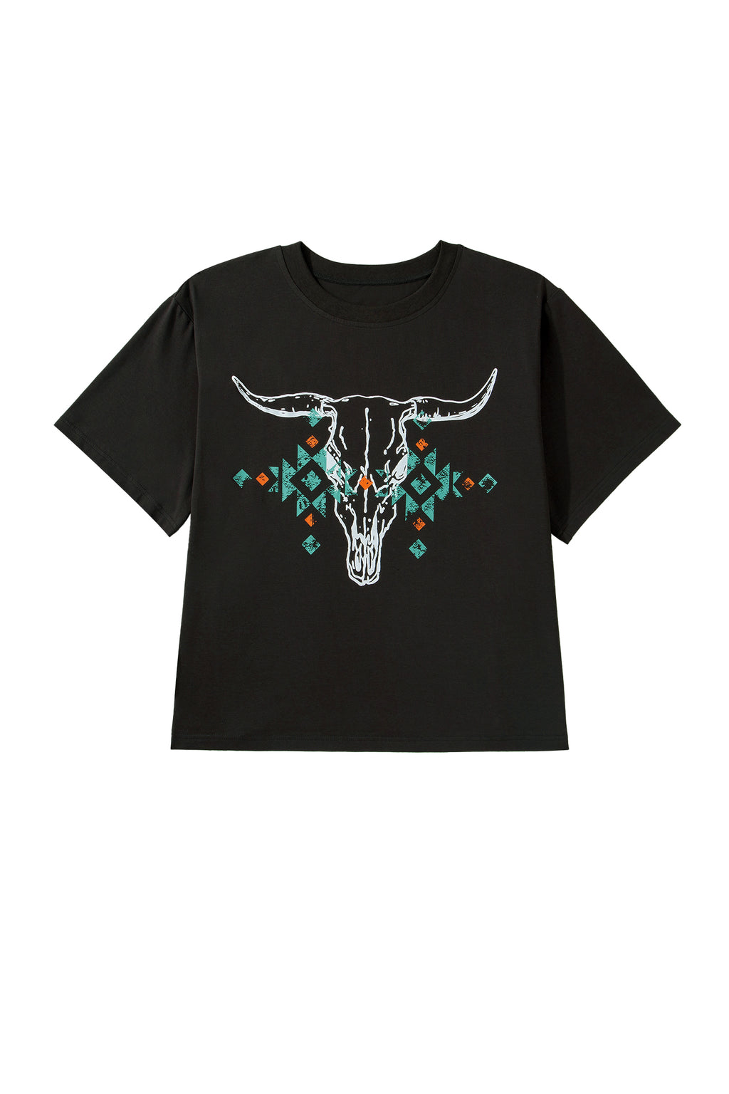 Carbon Grey Plus Size Western Aztec Bull Skull Printed T Shirt